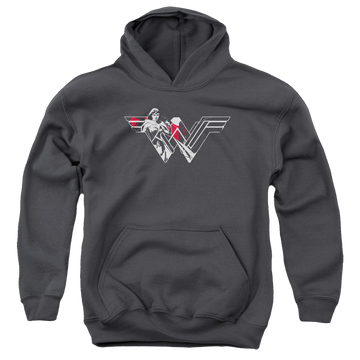 Charcoal youth hoodie for ages 8 to 12 with Batman v Superman Wonder Splatter Logo graphic