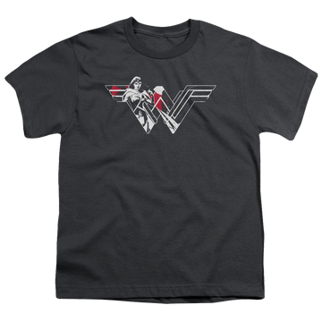 Charcoal youth t-shirt for ages 8 to 12 with Batman v Superman Wonder Splatter Logo graphic