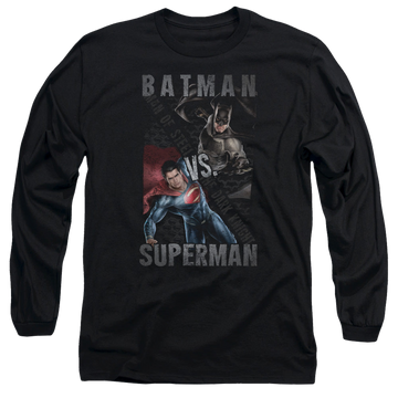 Black men's long sleeve t-shirt with Batman v Superman Hero Split graphic