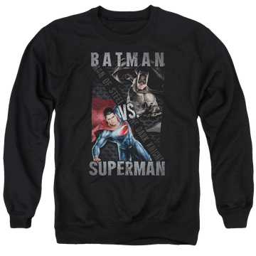 Black men's crewneck sweatshirt with Batman v Superman Hero Split graphic