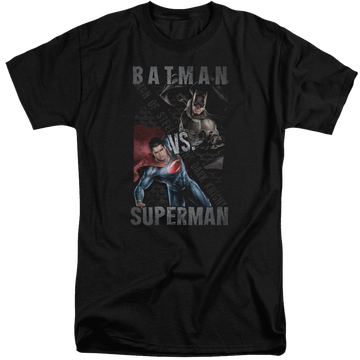 Black men's tall fit t-shirt with Batman v Superman Hero Split graphic