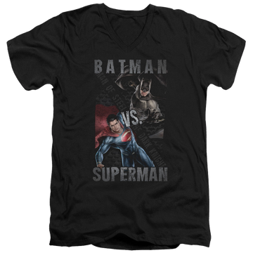 Black men's v-neck t-shirt with Batman v Superman Hero Split graphic