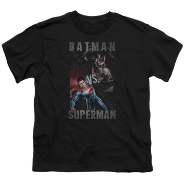Black youth t-shirt for ages 8 to 12 with Batman v Superman Hero Split graphic