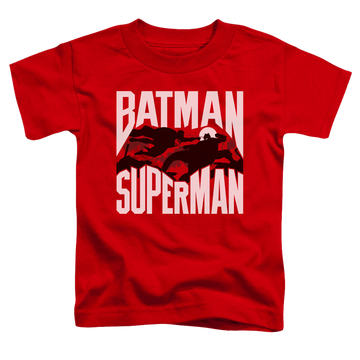 Red kid's t-shirt for ages 4 to 7 with Batman v Superman Silhouette Fight graphic
