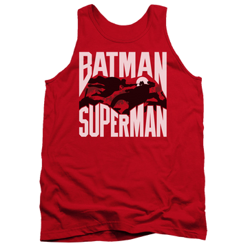Red men's tank with Batman v Superman Silhouette Fight graphic