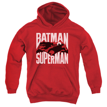 Red youth hoodie for ages 8 to 12 with Batman v Superman Silhouette Fight graphic