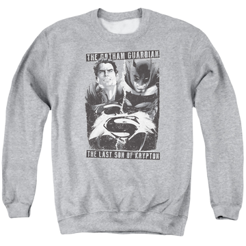 Athletic heather men's crewneck sweatshirt with Batman v Superman Guardian V Son graphic