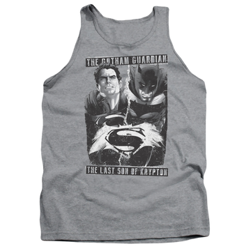 Athletic heather men's tank with Batman v Superman Guardian V Son graphic