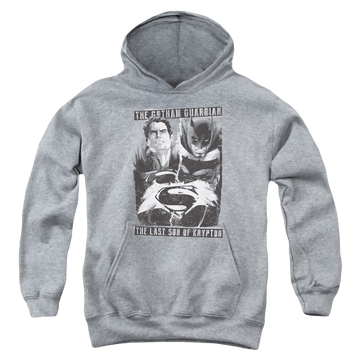 Athletic heather youth hoodie for ages 8 to 12 with Batman v Superman Guardian V Son graphic