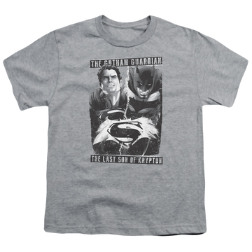Athletic heather youth t-shirt for ages 8 to 12 with Batman v Superman Guardian V Son graphic