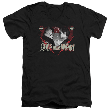 Black men's v-neck t-shirt with Batman v Superman This Means War graphic