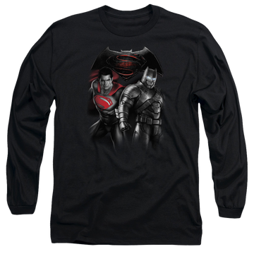 Black men's long sleeve t-shirt with Batman v Superman Stand Off graphic