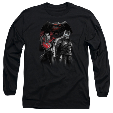 Black men's long sleeve t-shirt with Batman v Superman Stand Off graphic