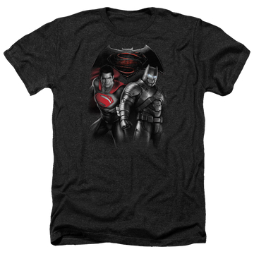 Charcoal men's heather t-shirt with Batman v Superman Stand Off graphic