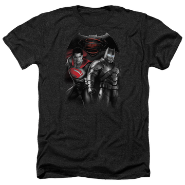 Charcoal men's heather t-shirt with Batman v Superman Stand Off graphic