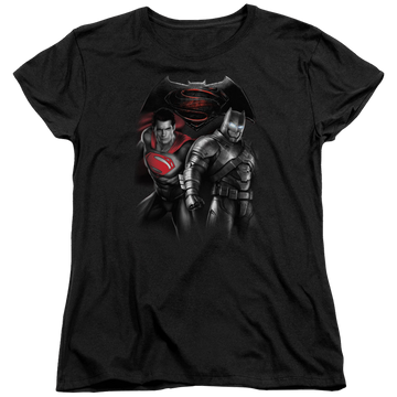 Black women's t-shirt with Batman v Superman Stand Off graphic