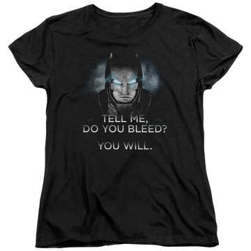 Black women's t-shirt with Batman v Superman Do You Bleed graphic