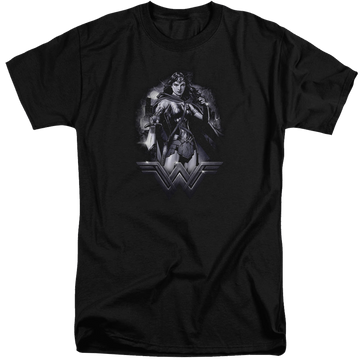 Black men's tall fit t-shirt with Batman v Superman Rainy Night graphic