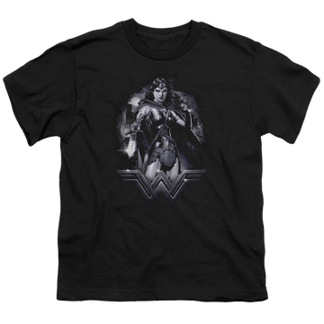Black youth t-shirt for ages 8 to 12 with Batman v Superman Rainy Night graphic