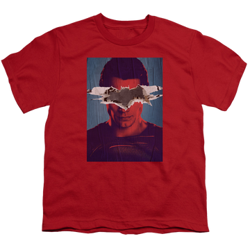 Red youth t-shirt for ages 8 to 12 with Batman v Superman Superman Poster graphic