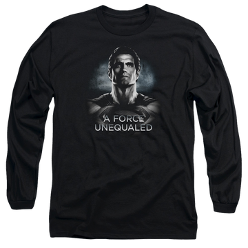Black men's long sleeve t-shirt with Batman v Superman Unequaled graphic
