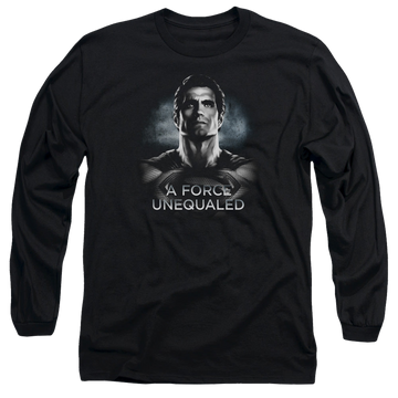Black men's long sleeve t-shirt with Batman v Superman Unequaled graphic