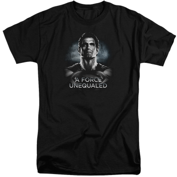 Black men's tall fit t-shirt with Batman v Superman Unequaled graphic