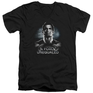 Black men's v-neck t-shirt with Batman v Superman Unequaled graphic