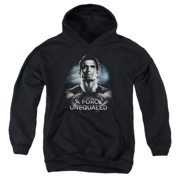 Black youth hoodie for ages 8 to 12 with Batman v Superman Unequaled graphic