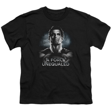 Black youth t-shirt for ages 8 to 12 with Batman v Superman Unequaled graphic