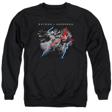 Black men's crewneck sweatshirt with Batman v Superman Lightning Fight graphic