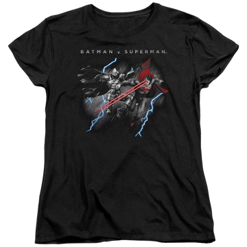 Black women's t-shirt with Batman v Superman Lightning Fight graphic