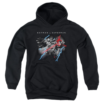 Black youth hoodie for ages 8 to 12 with Batman v Superman Lightning Fight graphic