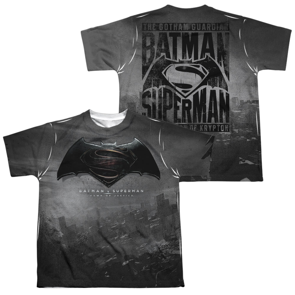 Batman v Superman Logo City (Front/Back Print) - Youth All-Over Print T-Shirt Youth All-Over Print T-Shirt (Ages 8-12) Batman   
