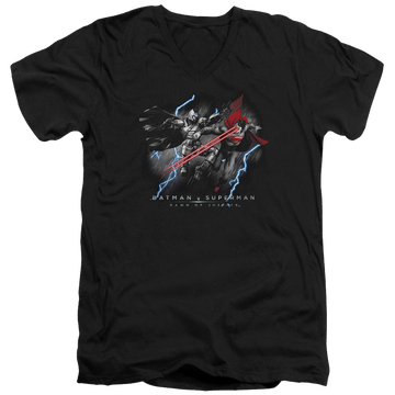 Black men's v-neck t-shirt with Batman v Superman Lightning V Heat Vision graphic