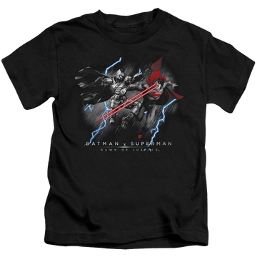 Black kid's t-shirt for ages 4 to 7 with Batman v Superman Lightning V Heat Vision graphic
