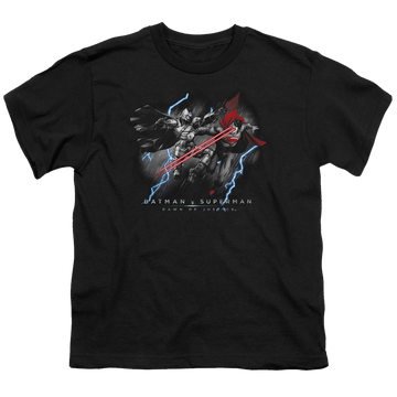 Black youth t-shirt for ages 8 to 12 with Batman v Superman Lightning V Heat Vision graphic