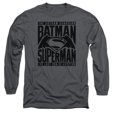 Charcoal men's long sleeve t-shirt with Batman v Superman Title Fight graphic