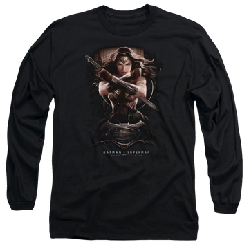 Black men's long sleeve t-shirt with Batman v Superman Ww Ground Zero graphic