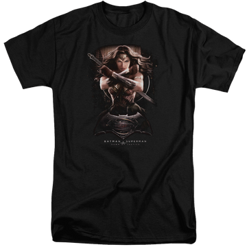 Black men's tall fit t-shirt with Batman v Superman Ww Ground Zero graphic