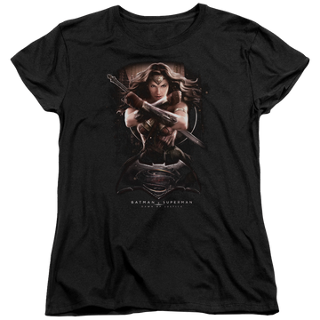 Black women's t-shirt with Batman v Superman Ww Ground Zero graphic