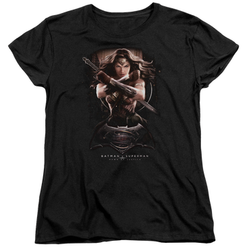 Black women's t-shirt with Batman v Superman Ww Ground Zero graphic