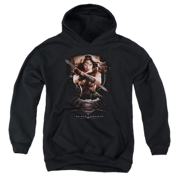 Black youth hoodie for ages 8 to 12 with Batman v Superman Ww Ground Zero graphic