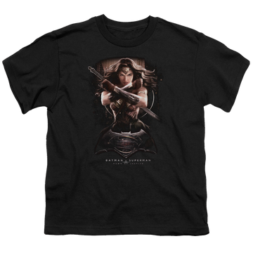 Black youth t-shirt for ages 8 to 12 with Batman v Superman Ww Ground Zero graphic