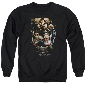 Black men's crewneck sweatshirt with Batman v Superman Three In Action graphic