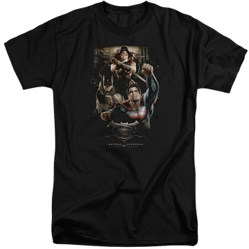 Black men's tall fit t-shirt with Batman v Superman Three In Action graphic