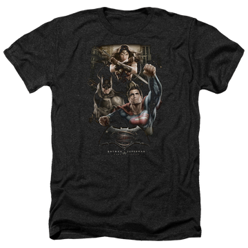 Charcoal men's heather t-shirt with Batman v Superman Three In Action graphic