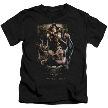 Black kid's t-shirt for ages 4 to 7 with Batman v Superman Three In Action graphic