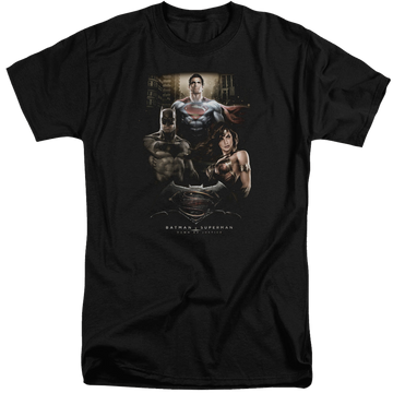 Black men's tall fit t-shirt with Batman v Superman Thre Three graphic