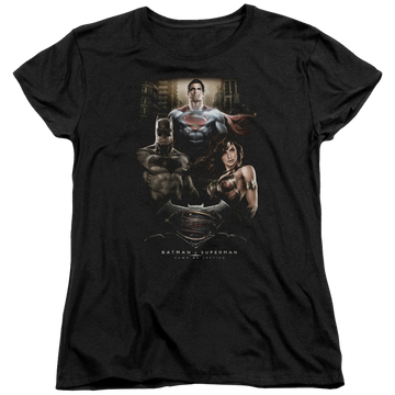 Black women's t-shirt with Batman v Superman Thre Three graphic